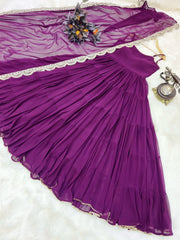 Elegant Purple Fox Georgette Ruffle Gown with Embroidered Dupatta