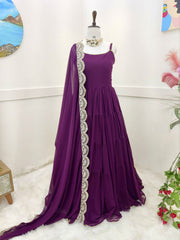 Elegant Purple Fox Georgette Ruffle Gown with Embroidered Dupatta