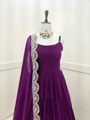 Elegant Purple Fox Georgette Ruffle Gown with Embroidered Dupatta