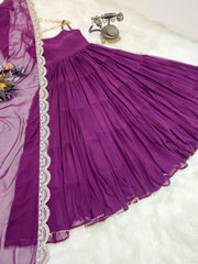 Elegant Purple Fox Georgette Ruffle Gown with Embroidered Dupatta