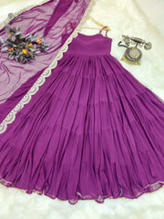 Elegant Purple Fox Georgette Ruffle Gown with Embroidered Dupatta