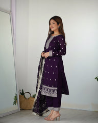 Elegant Purple Pure Blooming Rangoli Silk Straight Fit Kurta with Dupatta & Trousers – Ready to Wear
