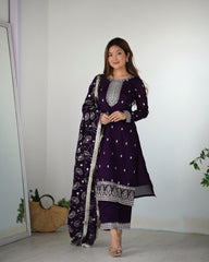Elegant Purple Pure Blooming Rangoli Silk Straight Fit Kurta with Dupatta & Trousers – Ready to Wear