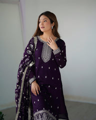 Elegant Purple Pure Blooming Rangoli Silk Straight Fit Kurta with Dupatta & Trousers – Ready to Wear