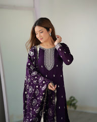 Elegant Purple Pure Blooming Rangoli Silk Straight Fit Kurta with Dupatta & Trousers – Ready to Wear