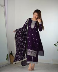 Elegant Purple Pure Blooming Rangoli Silk Straight Fit Kurta with Dupatta & Trousers – Ready to Wear