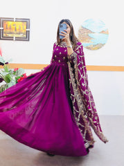 Elegant Purple Sequin Embroidered Gown with Dupatta