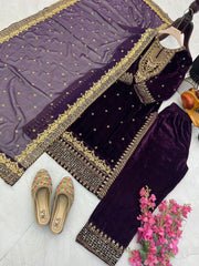 Elegant Purple Velvet Embroidered Gown Set with Fox Georgette Dupatta