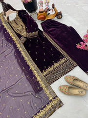 Elegant Purple Velvet Embroidered Gown Set with Fox Georgette Dupatta
