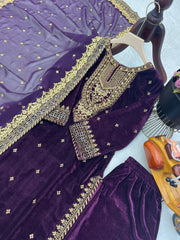 Elegant Purple Velvet Embroidered Gown Set with Fox Georgette Dupatta