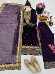 Elegant Purple Velvet Embroidered Gown Set with Fox Georgette Dupatta