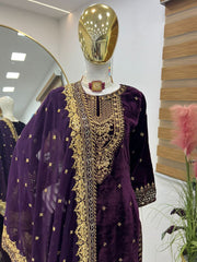 Elegant Purple Velvet Embroidered Gown Set with Fox Georgette Dupatta