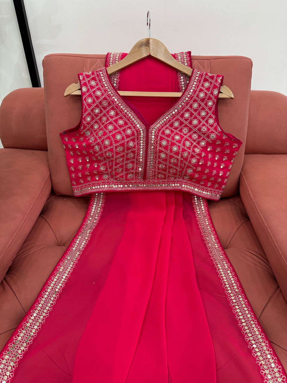 Elegant Rani Pink Designer Faux Georgette Saree with Thread & Sequence Work
