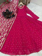 Elegant Rani Pink Embroidered Gown with Dupatta