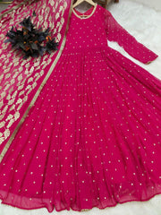 Elegant Rani Pink Embroidered Gown with Dupatta