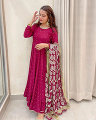 Elegant Rani Pink Embroidered Gown with Dupatta