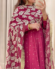 Elegant Rani Pink Embroidered Gown with Dupatta