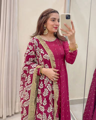Elegant Rani Pink Embroidered Gown with Dupatta