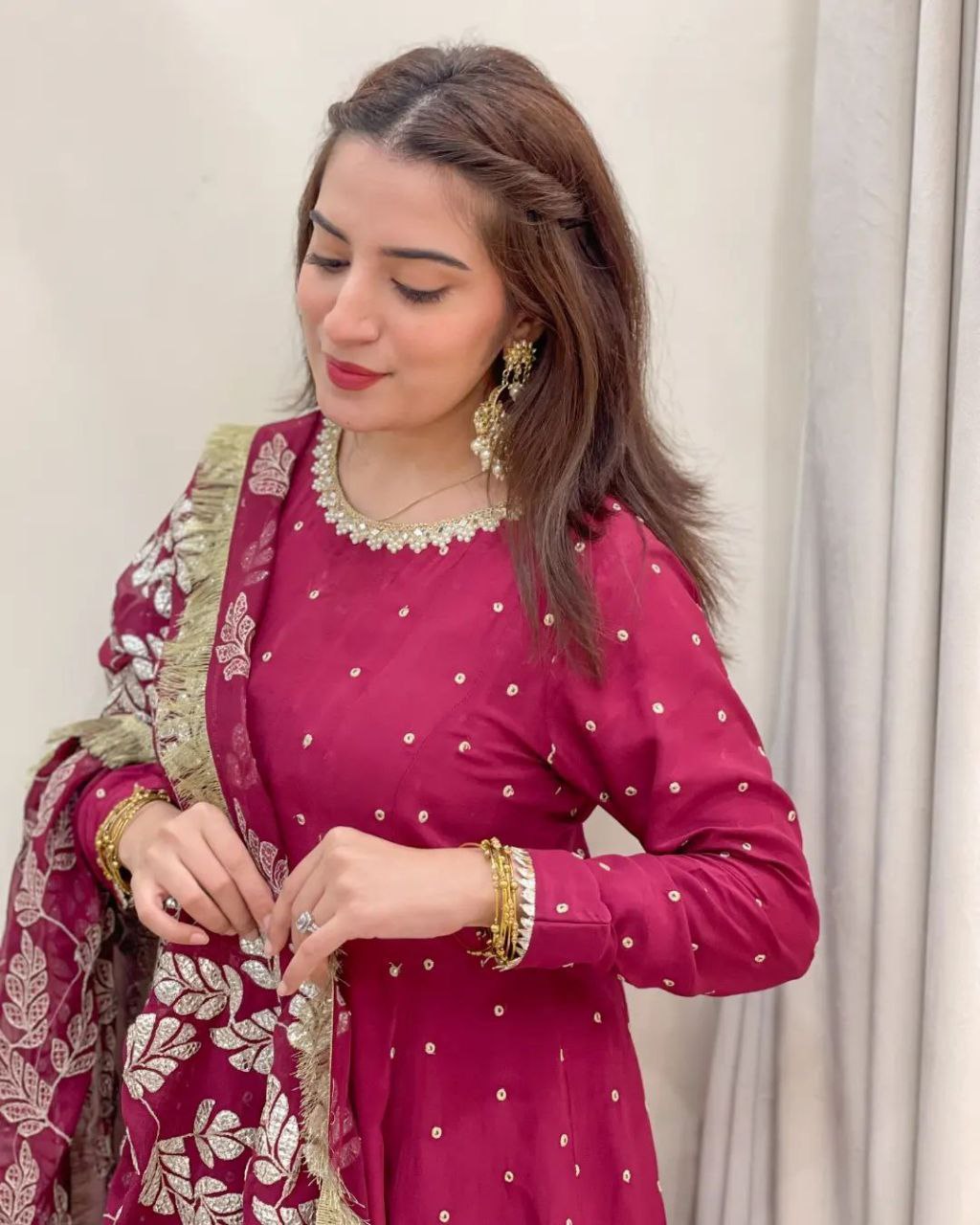 Elegant Rani Pink Embroidered Gown with Dupatta