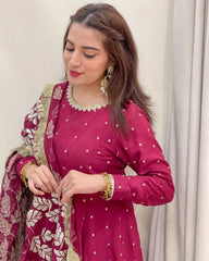 Elegant Rani Pink Embroidered Gown with Dupatta