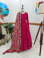 Elegant Rani Pink Embroidered Gown with Dupatta