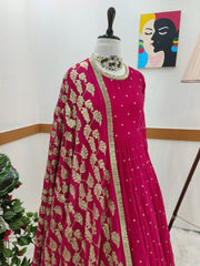 Elegant Rani Pink Embroidered Gown with Dupatta