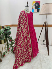 Elegant Rani Pink Embroidered Gown with Dupatta