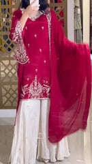 Elegant Red Designer Party Wear Heavy Chinon Silk Top, Plazzo & Dupatta Set