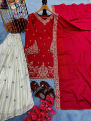Elegant Red Designer Party Wear Heavy Chinon Silk Top, Plazzo & Dupatta Set