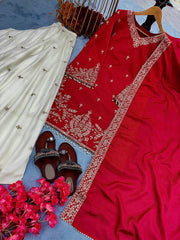 Elegant Red Designer Party Wear Heavy Chinon Silk Top, Plazzo & Dupatta Set