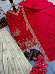 Elegant Red Designer Party Wear Heavy Chinon Silk Top, Plazzo & Dupatta Set