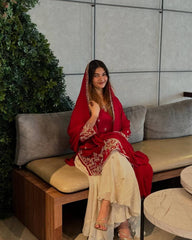 Elegant Red Designer Party Wear Heavy Chinon Silk Top, Plazzo & Dupatta Set