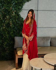 Elegant Red Designer Party Wear Heavy Chinon Silk Top, Plazzo & Dupatta Set