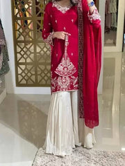 Elegant Red Designer Party Wear Heavy Chinon Silk Top, Plazzo & Dupatta Set