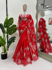Elegant Red Designer Saree with Thread, Sequin & Digital Print Work