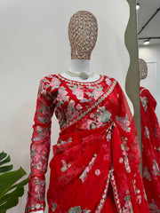 Elegant Red Designer Saree with Thread, Sequin & Digital Print Work