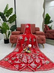 Elegant Red Designer Saree with Thread, Sequin & Digital Print Work