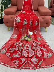 Elegant Red Designer Saree with Thread, Sequin & Digital Print Work