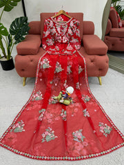 Elegant Red Designer Saree with Thread, Sequin & Digital Print Work