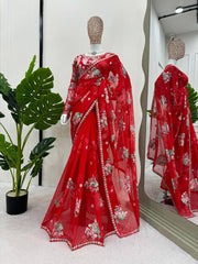 Elegant Red Designer Saree with Thread, Sequin & Digital Print Work