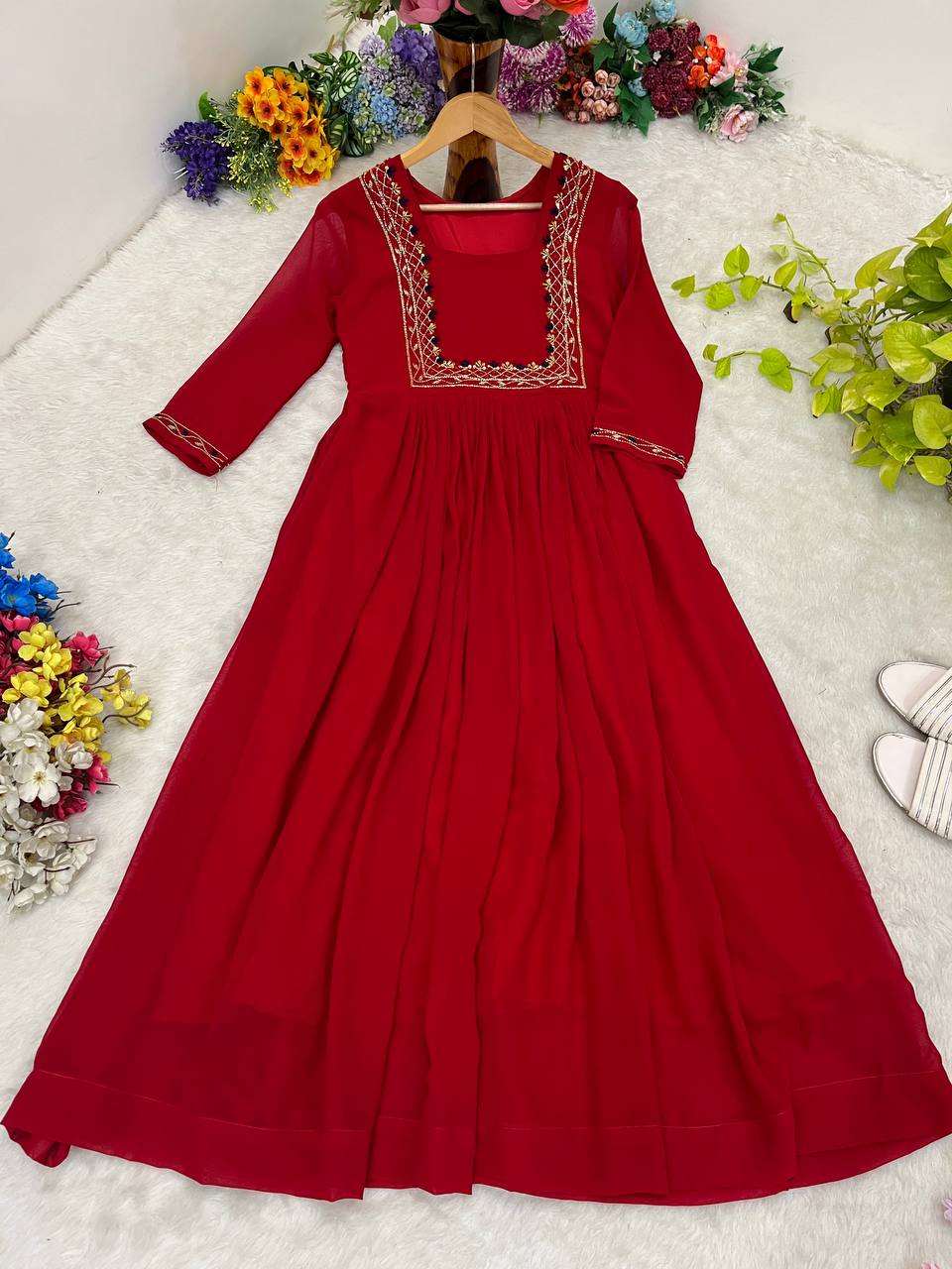 Elegant Red Fox Georgette Kurti with Handwork