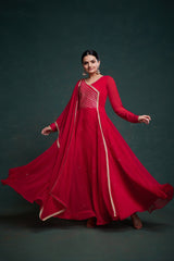Elegant Red Georgette Gown with Gota Patti Work & Dupatta – Ready to Wear (XS to XXL)