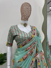 Elegant Sky Blue Designer Saree with Digital Print & Thread Work