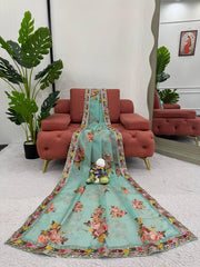 Elegant Sky Blue Designer Saree with Digital Print & Thread Work