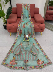 Elegant Sky Blue Designer Saree with Digital Print & Thread Work