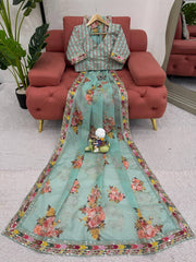 Elegant Sky Blue Designer Saree with Digital Print & Thread Work