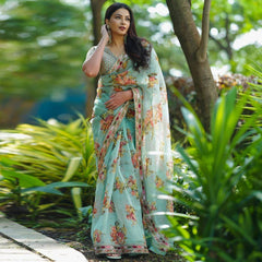 Elegant Sky Blue Designer Saree with Digital Print & Thread Work
