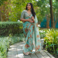 Elegant Sky Blue Designer Saree with Digital Print & Thread Work