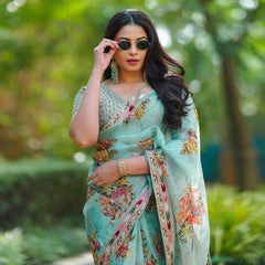 Elegant Sky Blue Designer Saree with Digital Print & Thread Work