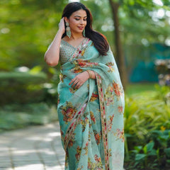 Elegant Sky Blue Designer Saree with Digital Print & Thread Work